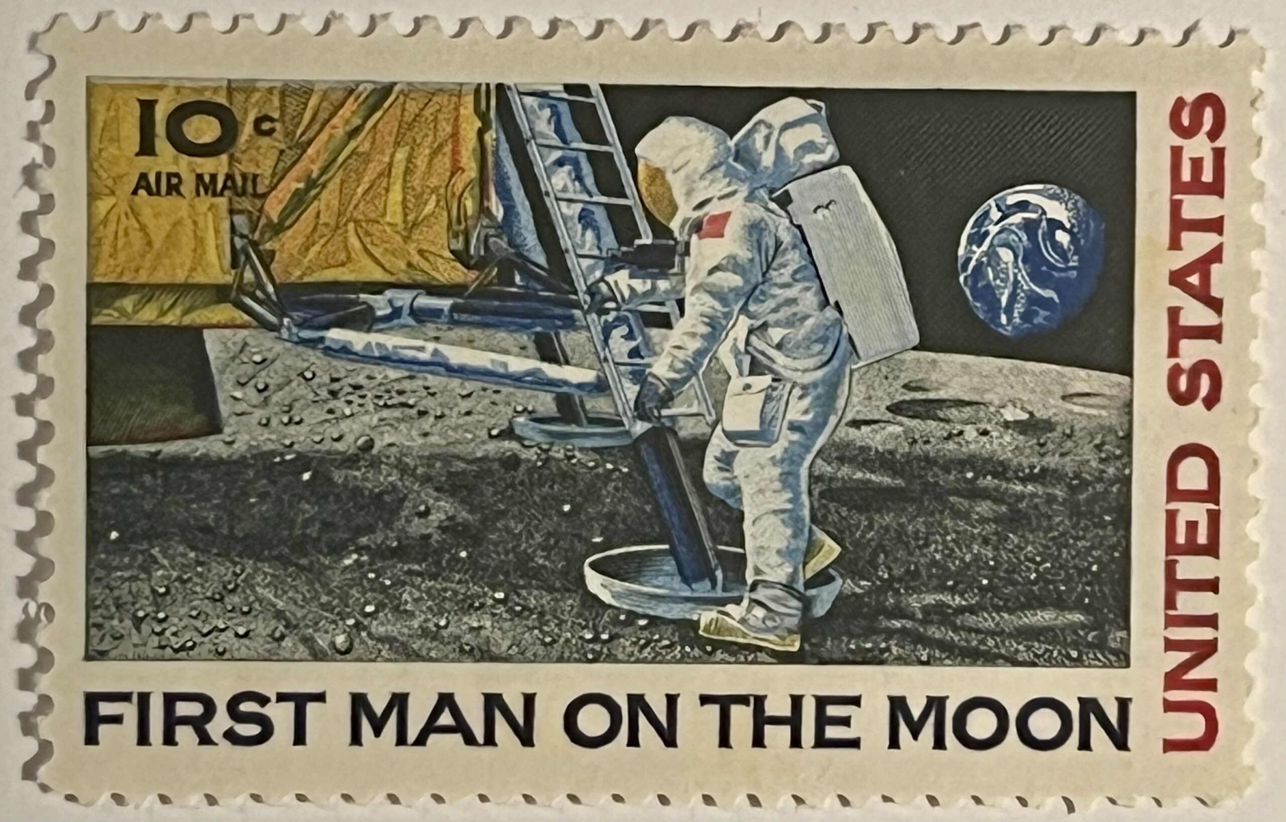 Frimerke av Neil Armstorn ved LEM. Apollo 11, 1969