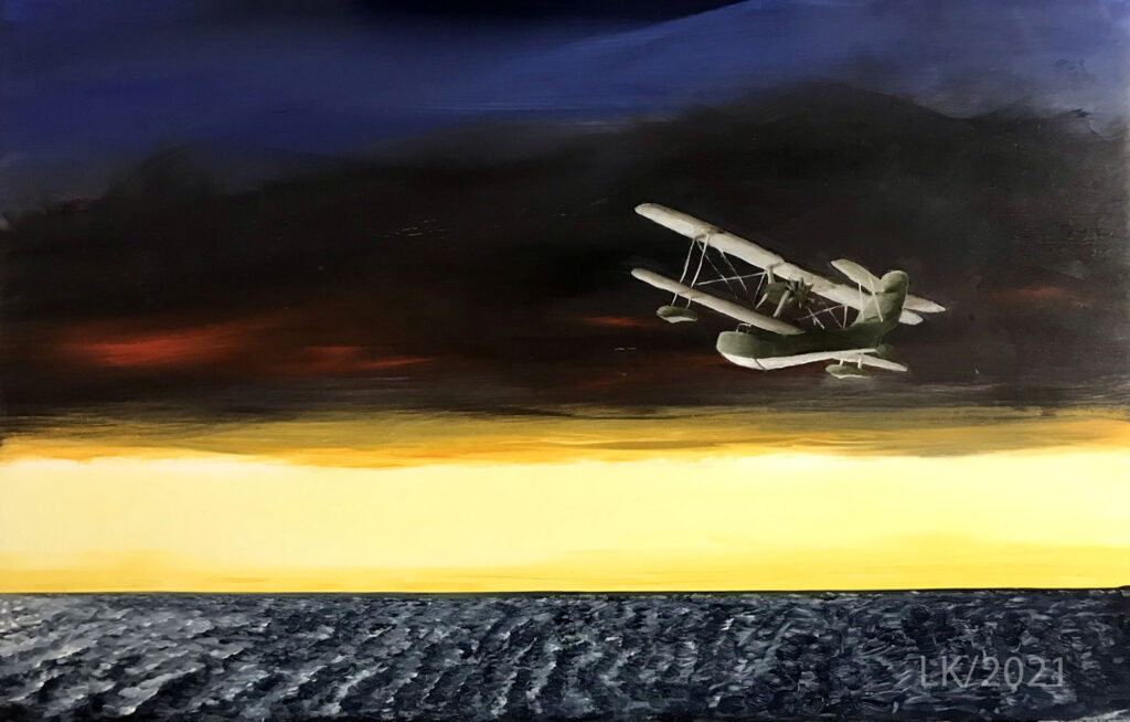 Kursendring / Change of heading - oil painting depicting a vintage seaplane over the ocean at sunset