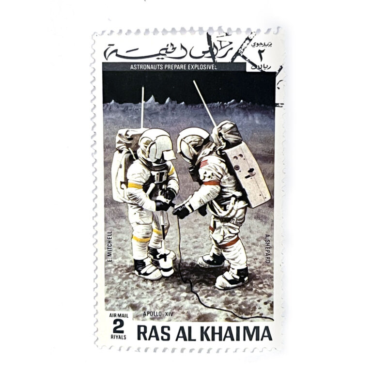Apollo 14 astronauts Mitchell and Shepard drilling on the lunar surface